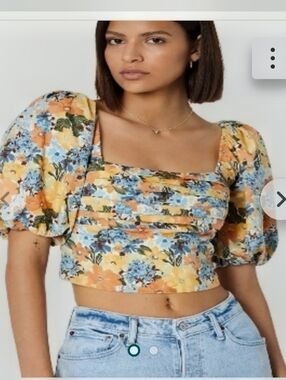 Abercrombie & Fitch Yellow Floral Puff-Sleeve Square-Neck Crop Top